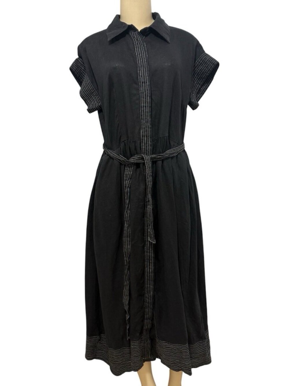 Magaschoni Linen Shirt Dress Medium M Black Contrast Stitch Tie Waist Midi